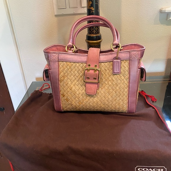 COACH STRAW/LEATHER HANDBAG PREOWNED Pink/tan - Picture 5 of 10